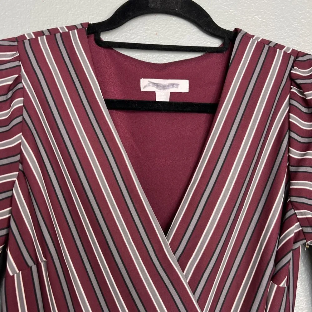 NWOT Chelsea28 Long Sleeve Striped‎ Wrap Dress Midi V-Neck Burgandy XS